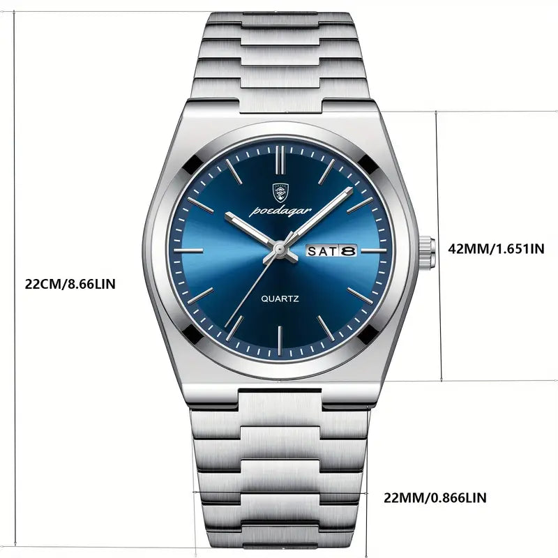 POEDAGAR Men's Luxury Quartz Watch – Stainless Steel Calendar Display