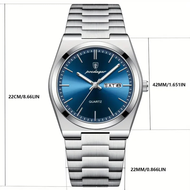 POEDAGAR Men's Luxury Quartz Watch – Stainless Steel Calendar Display