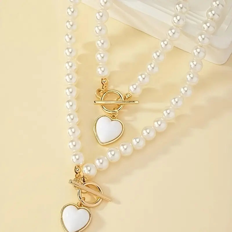 Elegant Necklace & Bracelet Set - OT Buckle, Heart & Faux Pearls