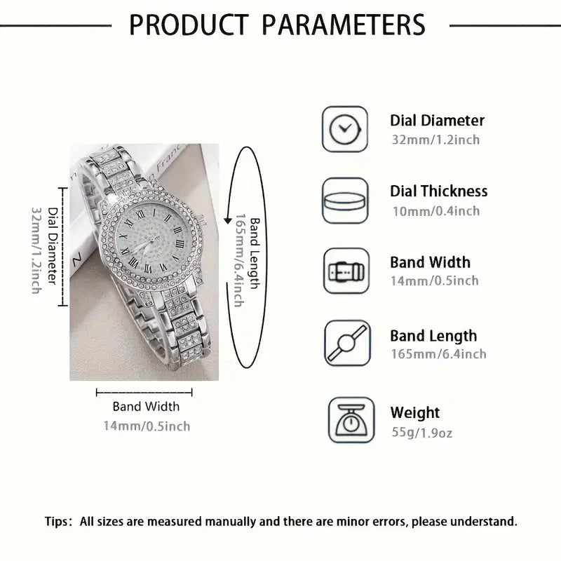 4-Peice Fashionable Women's Quartz Watch Set - Rhinestone Stainless Steel Bands