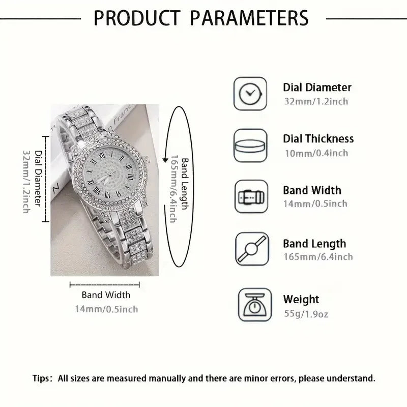 4-Peice Fashionable Women's Quartz Watch Set - Rhinestone Stainless Steel Bands