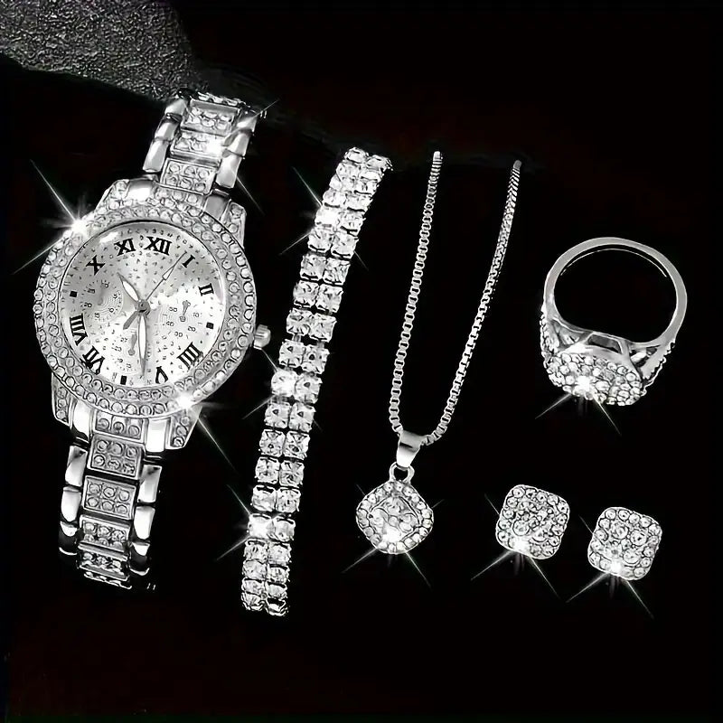 7-Piece Faux Diamond Jewelry Set – Elegant Necklace, Bracelet, Earrings & Ring Combo