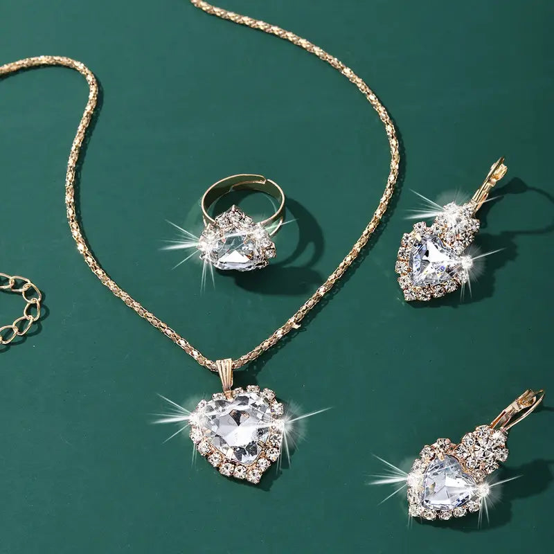 4-Piece Gold-Tone Jewelry Set – Heart Rhinestone Necklace, Earrings, Ring & Cup Design, Stainless Steel