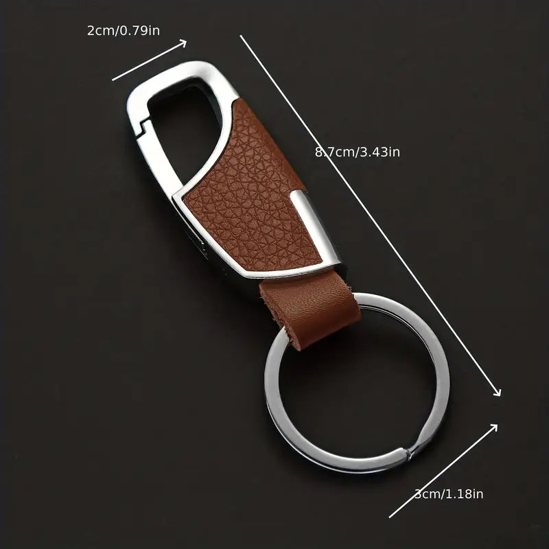 Stainless Steel & Leather finish Car Keychain - Key Ring with Spring-Loaded Clip