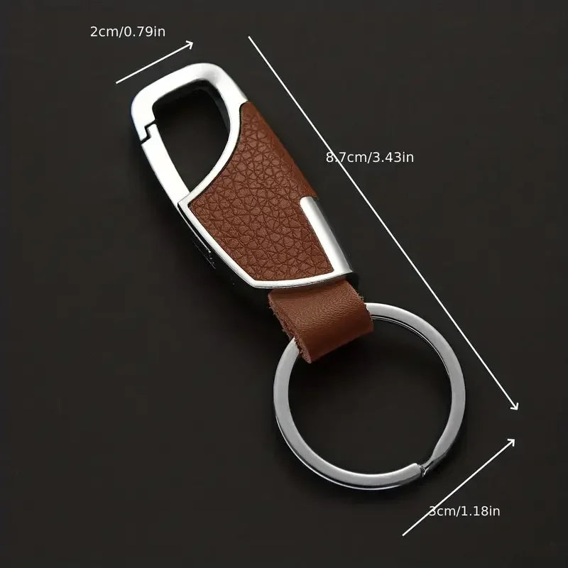 Stainless Steel & Leather finish Car Keychain - Key Ring with Spring-Loaded Clip