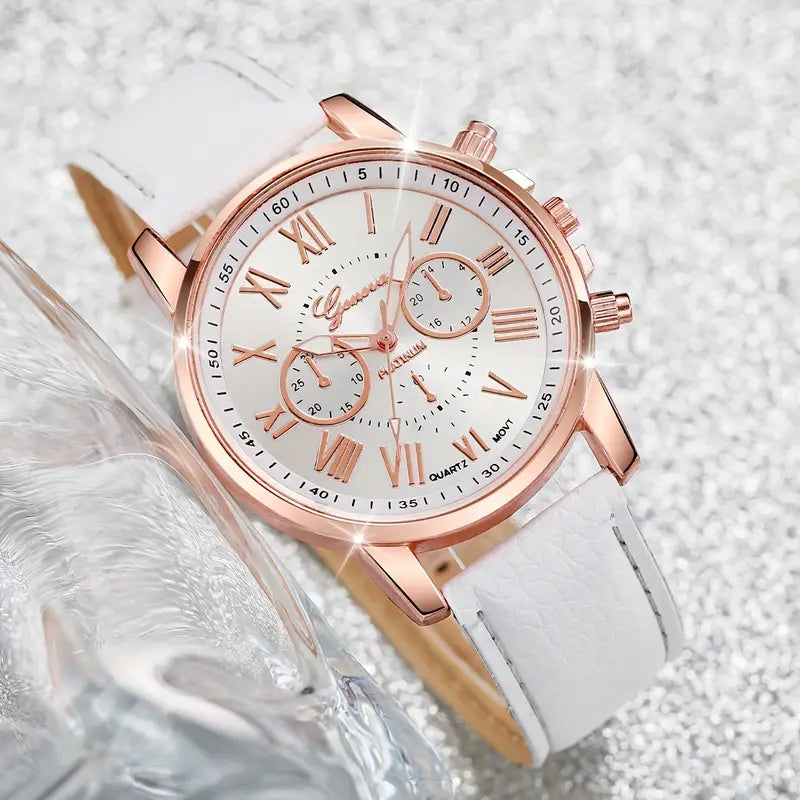 Women's Quartz Watch Set – Elegant Roman Numeral Dial with PU Leather Strap, Perfect Gift for Any Occasion
