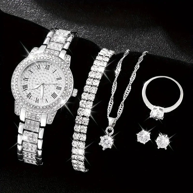 6-Piece Women's Quartz Watch & Jewelry Gift Set – Timeless Faux Diamond Elegance