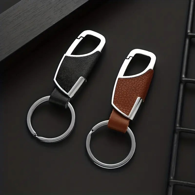 Stainless Steel & Leather finish Car Keychain - Key Ring with Spring-Loaded Clip