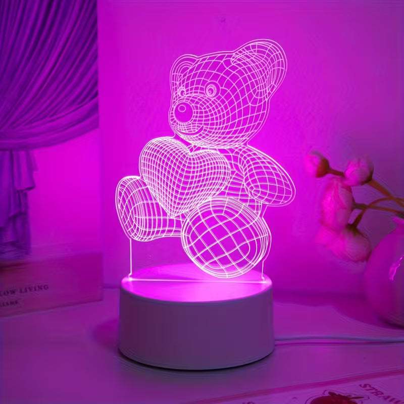 Modern 3D Teddy Bear Night Light – Pink Glow Valentine's Day Gift with USB Power
