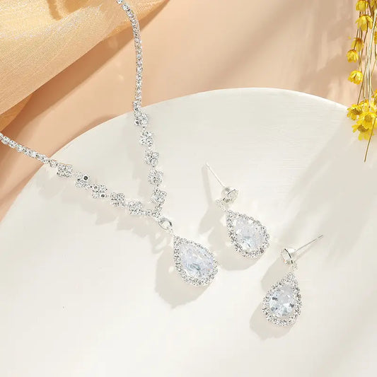 Teardrop Zirconia Jewelry Set - Vintage-Inspired Silvery 3pc Necklace & Earrings