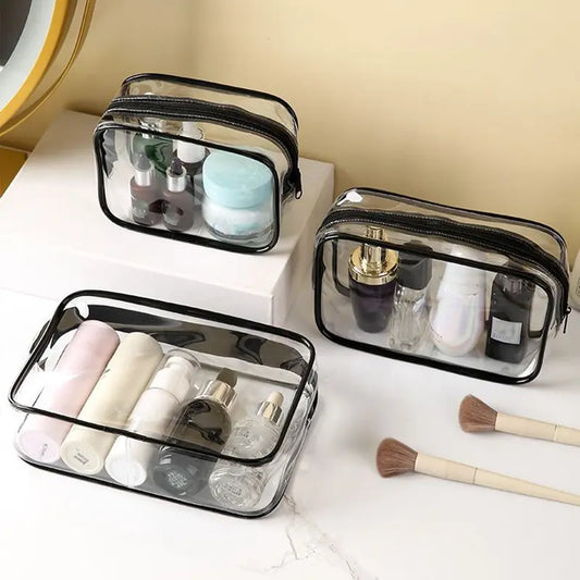 3-Piece Transparent Travel Makeup Bag Set – Durable Cosmetic Organizer with Zipper