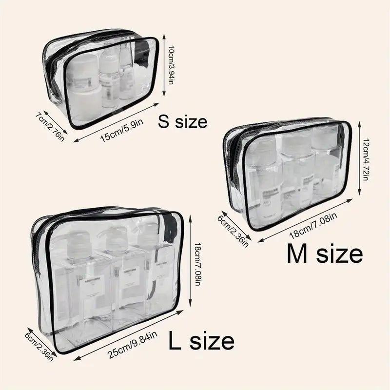 3-Piece Transparent Travel Makeup Bag Set – Durable Cosmetic Organizer with Zipper