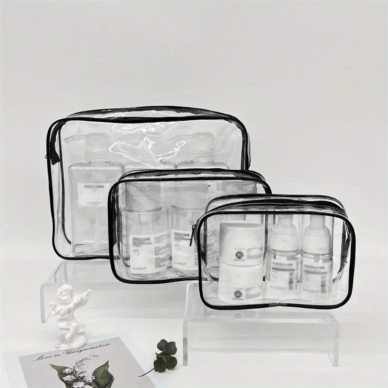 3-Piece Transparent Travel Makeup Bag Set – Durable Cosmetic Organizer with Zipper