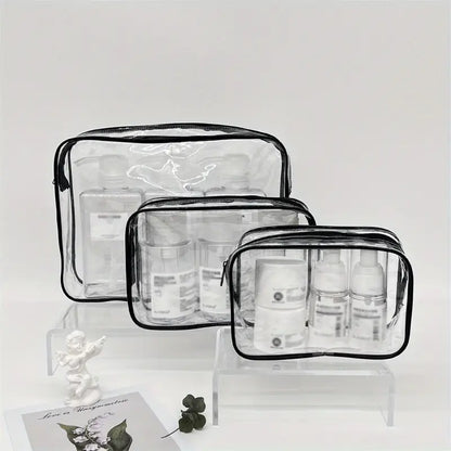 3-Piece Transparent Travel Makeup Bag Set – Durable Cosmetic Organizer with Zipper
