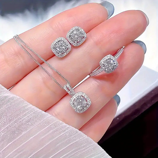 4-Piece Squared Jewelry Set – Luxurious Faux Diamond Inlaid Alloy Design