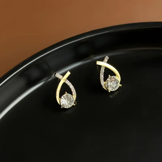 925 Sterling Silver Teardrop Stud Earrings – Cross Line Design with Rhinestone Accents, Hypoallergenic