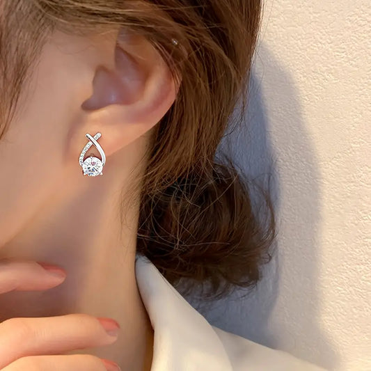 925 Sterling Silver Teardrop Stud Earrings – Cross Line Design with Rhinestone Accents, Hypoallergenic