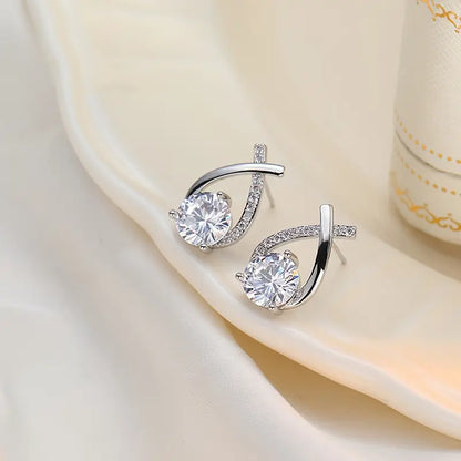 925 Sterling Silver Teardrop Stud Earrings – Cross Line Design with Rhinestone Accents, Hypoallergenic