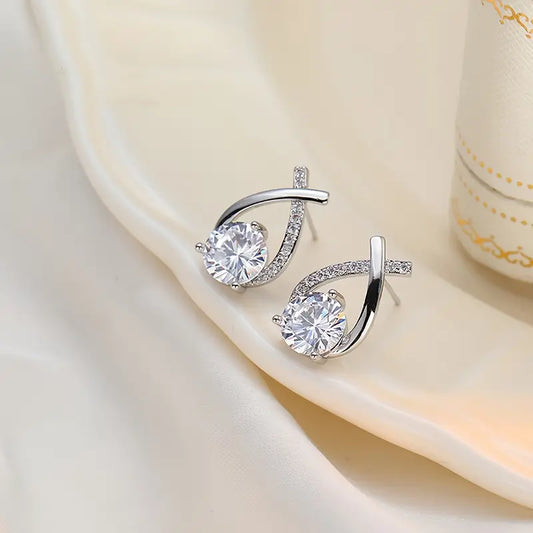 925 Sterling Silver Teardrop Stud Earrings – Cross Line Design with Rhinestone Accents, Hypoallergenic