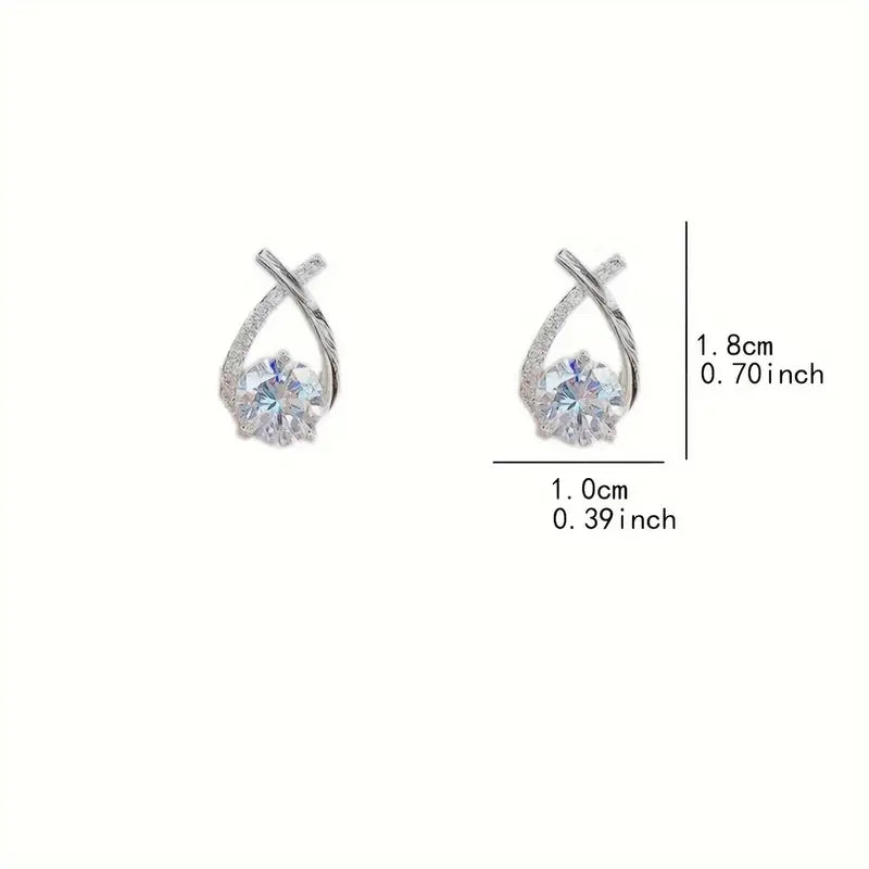 925 Sterling Silver Teardrop Stud Earrings – Cross Line Design with Rhinestone Accents, Hypoallergenic