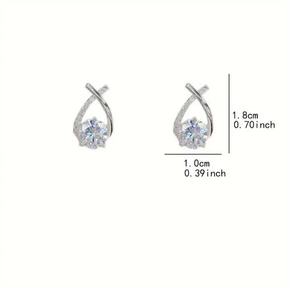 925 Sterling Silver Teardrop Stud Earrings – Cross Line Design with Rhinestone Accents, Hypoallergenic