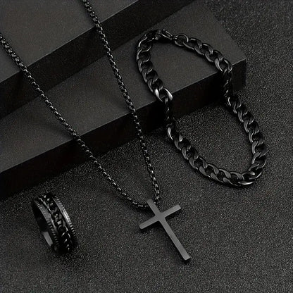 3-Piece Cross Jewelry Set – Black Gunmetal Necklace, Bracelet & Ring, Perfect for Gifting