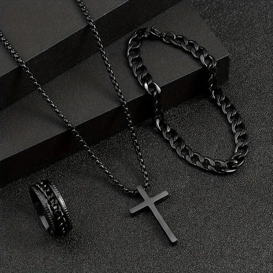3-Piece Cross Jewelry Set – Black Gunmetal Necklace, Bracelet & Ring, Perfect for Gifting