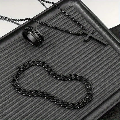 3-Piece Cross Jewelry Set – Black Gunmetal Necklace, Bracelet & Ring, Perfect for Gifting