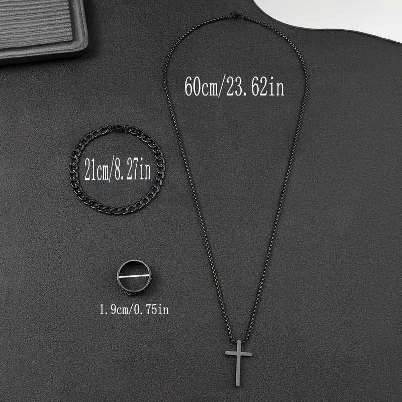 3-Piece Cross Jewelry Set – Black Gunmetal Necklace, Bracelet & Ring, Perfect for Gifting