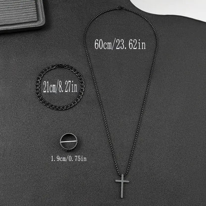 3-Piece Cross Jewelry Set – Black Gunmetal Necklace, Bracelet & Ring, Perfect for Gifting