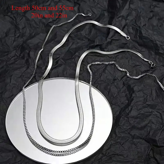 925 Silver-Plated 2-Piece Avant-Garde Necklace Set – Snake & Box Chain, Unisex Fashion Jewelry