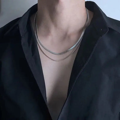 925 Silver-Plated 2-Piece Avant-Garde Necklace Set – Snake & Box Chain, Unisex Fashion Jewelry