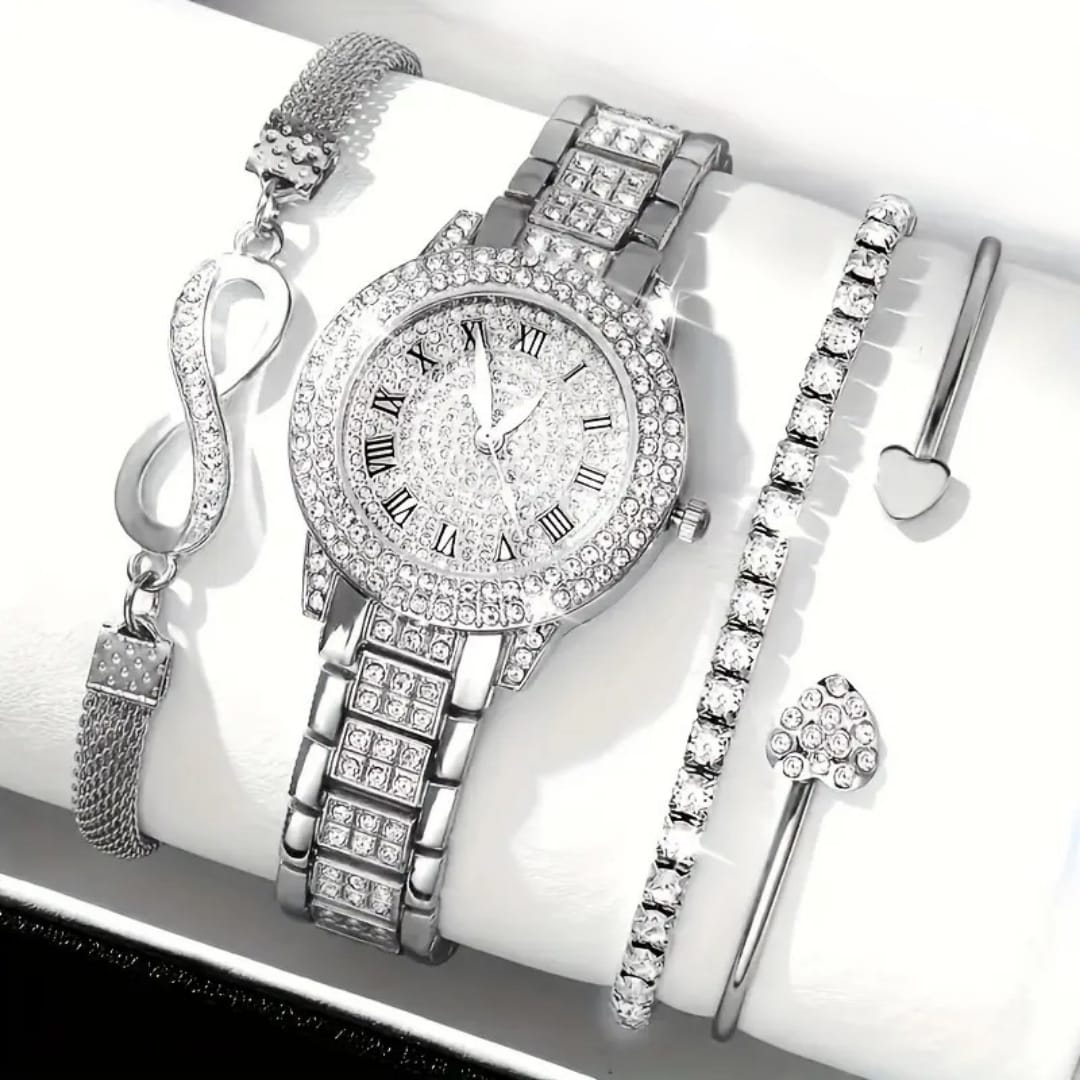 4-Peice Fashionable Women's Quartz Watch Set - Rhinestone Stainless Steel Bands