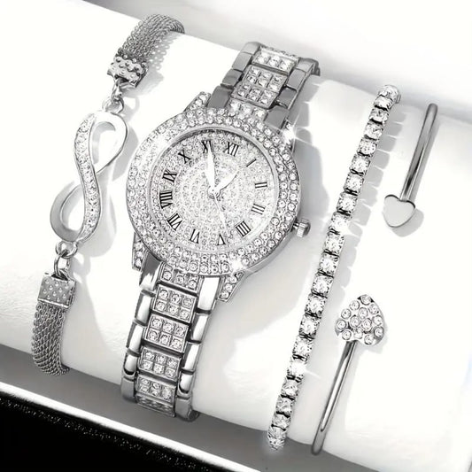 4-Peice Fashionable Women's Quartz Watch Set - Rhinestone Stainless Steel Bands