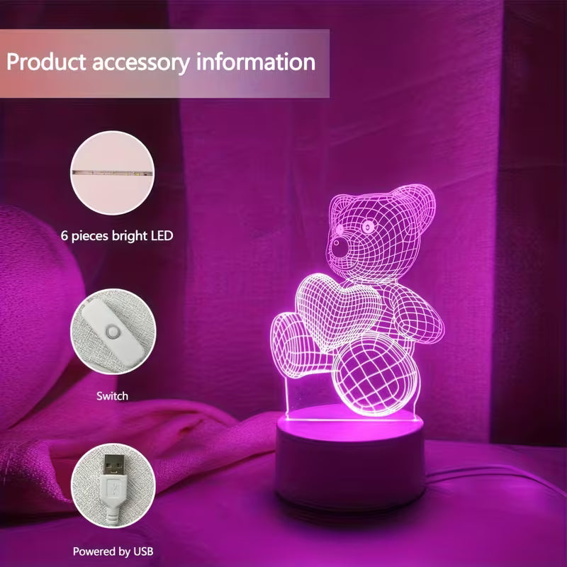 Modern 3D Teddy Bear Night Light – Pink Glow Valentine's Day Gift with USB Power