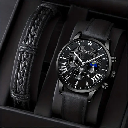 2pc Men's Fashion Quartz Watch - Includes Braided Bracelet - Business & Casual Wear