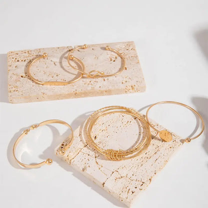 5-Piece Minimalist Bangle Set – Geometric Round & Knotted Open Cuff Design, Retro Trendy Style