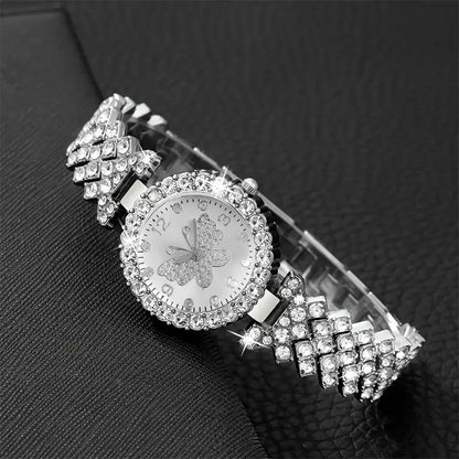 Heart-Shaped Rhinestone Bracelet & Butterfly Watch Set - Elegant & Sparkling- Perfect For Her