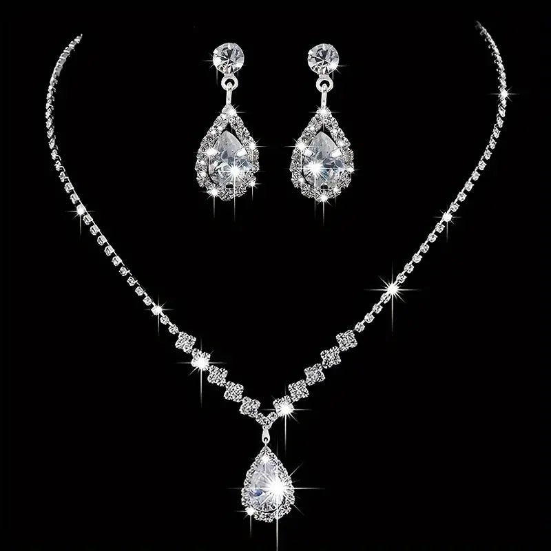 Teardrop Zirconia Jewelry Set - Vintage-Inspired Silvery 3pc Necklace & Earrings