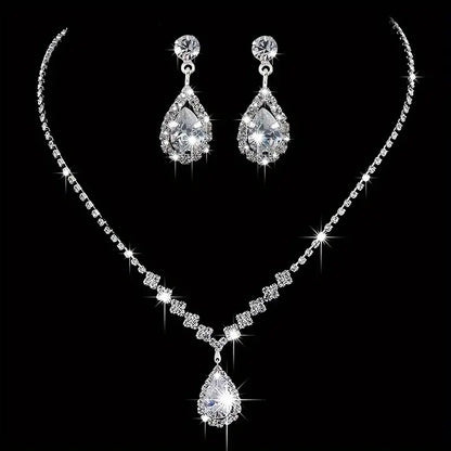 Teardrop Zirconia Jewelry Set - Vintage-Inspired Silvery 3pc Necklace & Earrings