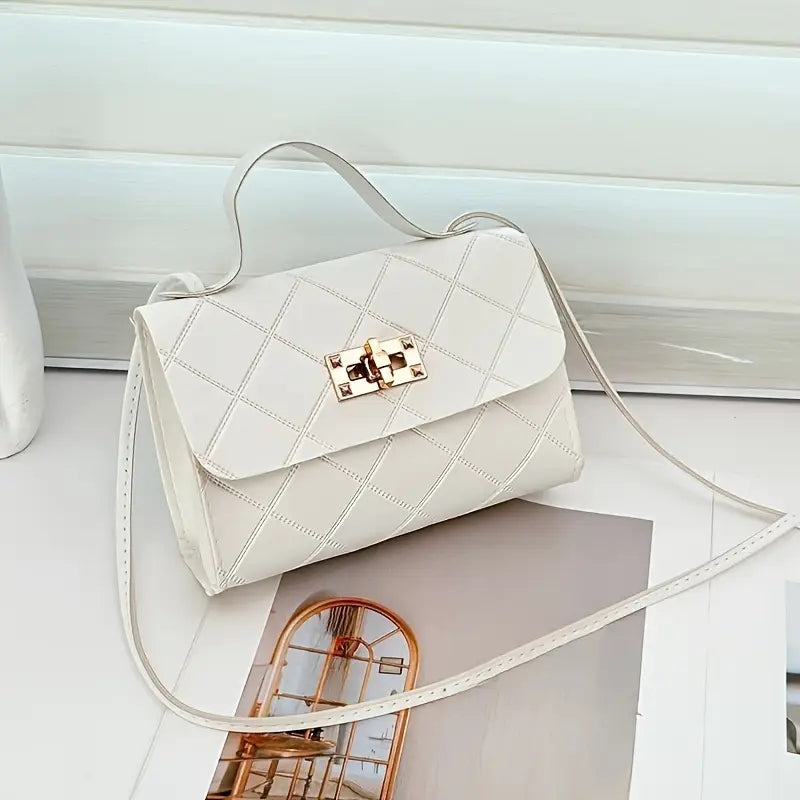 White Square Handbag with Gold Turn-Lock – Chic Structured Bag for Everyday Style