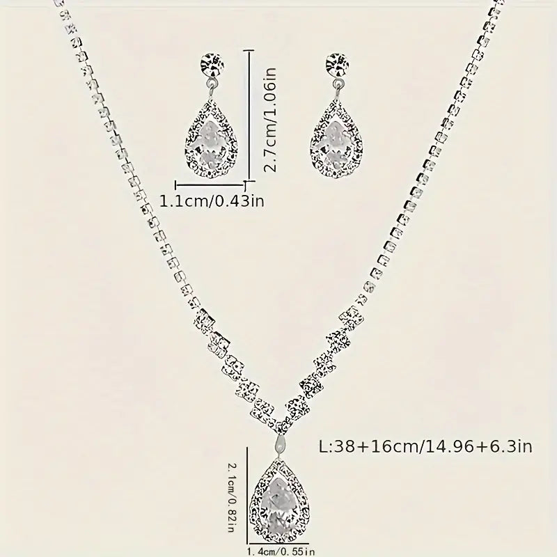 Teardrop Zirconia Jewelry Set - Vintage-Inspired Silvery 3pc Necklace & Earrings