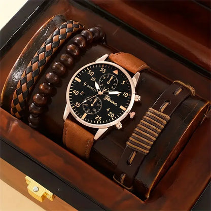 4-Piece Brown Watch & Bracelet Set – Stylish Everyday Accessory