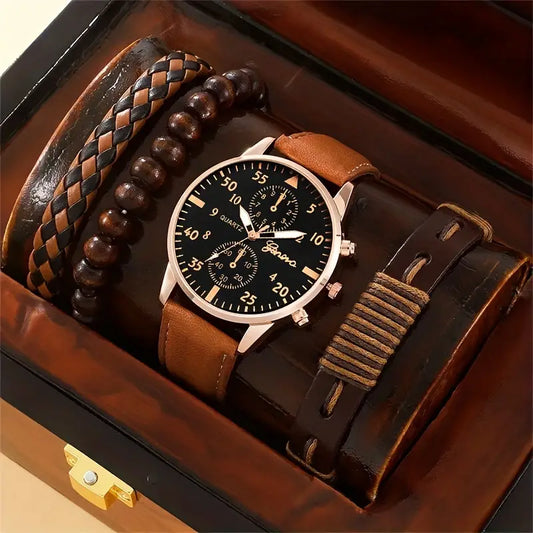 4-Piece Brown Watch & Bracelet Set – Stylish Everyday Accessory