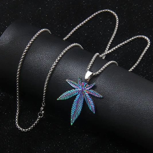 Rainbow Leaf Pendant Necklace - Stainless Steel Chain
