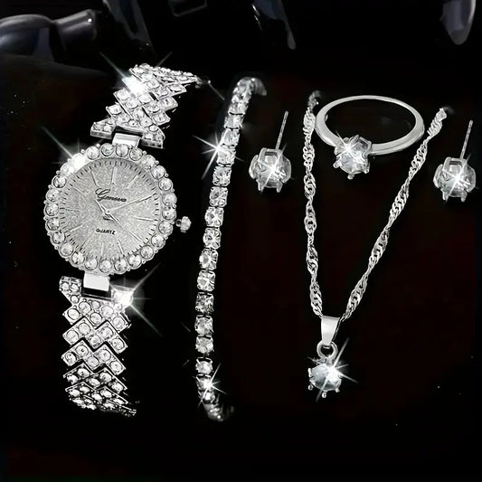 6-Piece Women's Quartz Watch & Jewelry Set - Elegant Faux Diamond Design