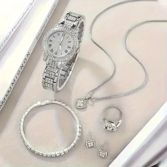 6-Piece Women's Quartz Watch & Jewelry Gift Set – Timeless Faux Diamond Elegance