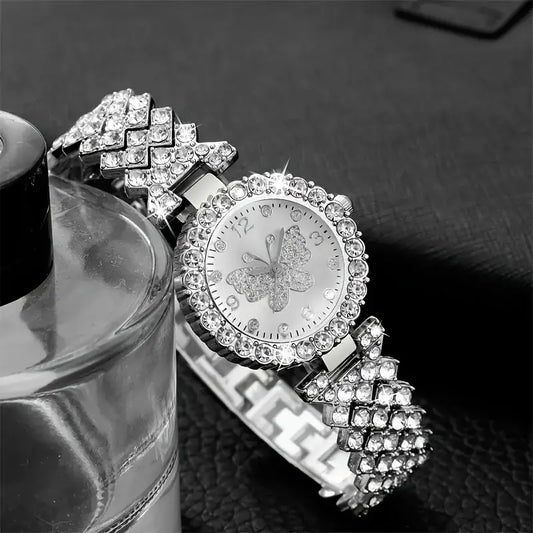 Heart-Shaped Rhinestone Bracelet & Butterfly Watch Set - Elegant & Sparkling- Perfect For Her