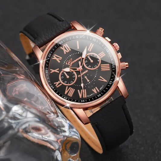 Women's Quartz Watch Set – Elegant Roman Numeral Dial with PU Leather Strap, Perfect Gift for Any Occasion