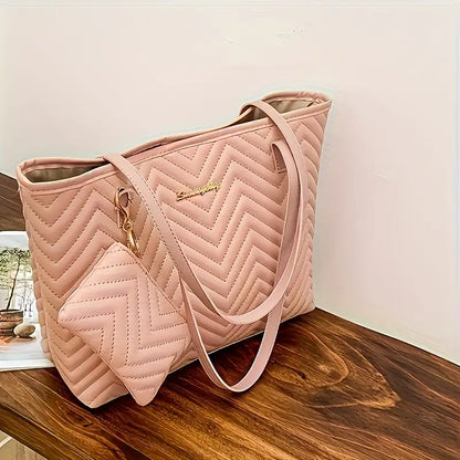 Women’s Quilted Tote Bag – Large-Capacity Shoulder Handbag with Matching Wallet